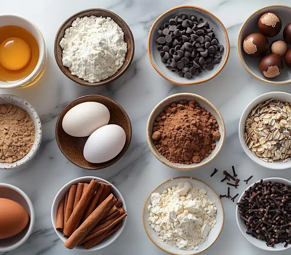 How Do You Cook Premier Protein Pancakes? A Step-by-Step Guide 9 A variety of baking ingredients, including eggs, flour, chocolate chips, cocoa powder, oats, cinnamon sticks, and spices, arranged in small bowls on a marble countertop.