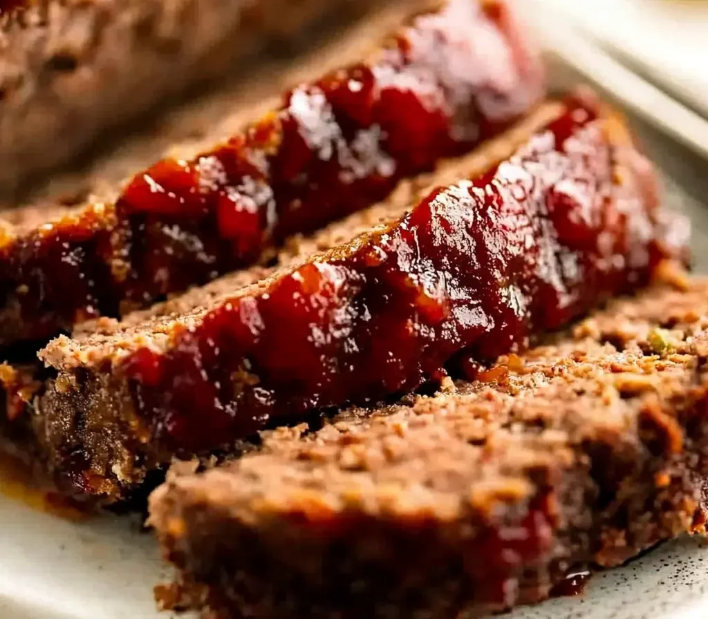 Juicy sliced meatloaf with a caramelized BBQ glaze on a white plate