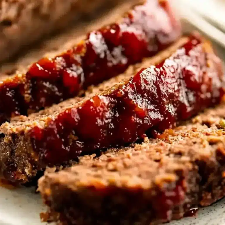 Juicy sliced meatloaf with a caramelized BBQ glaze on a white plate