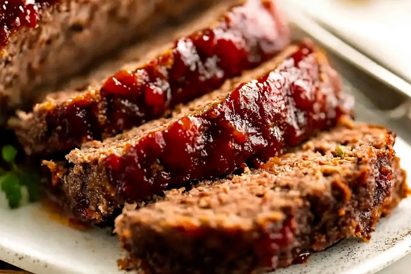 Juicy sliced meatloaf with a caramelized BBQ glaze on a white plate