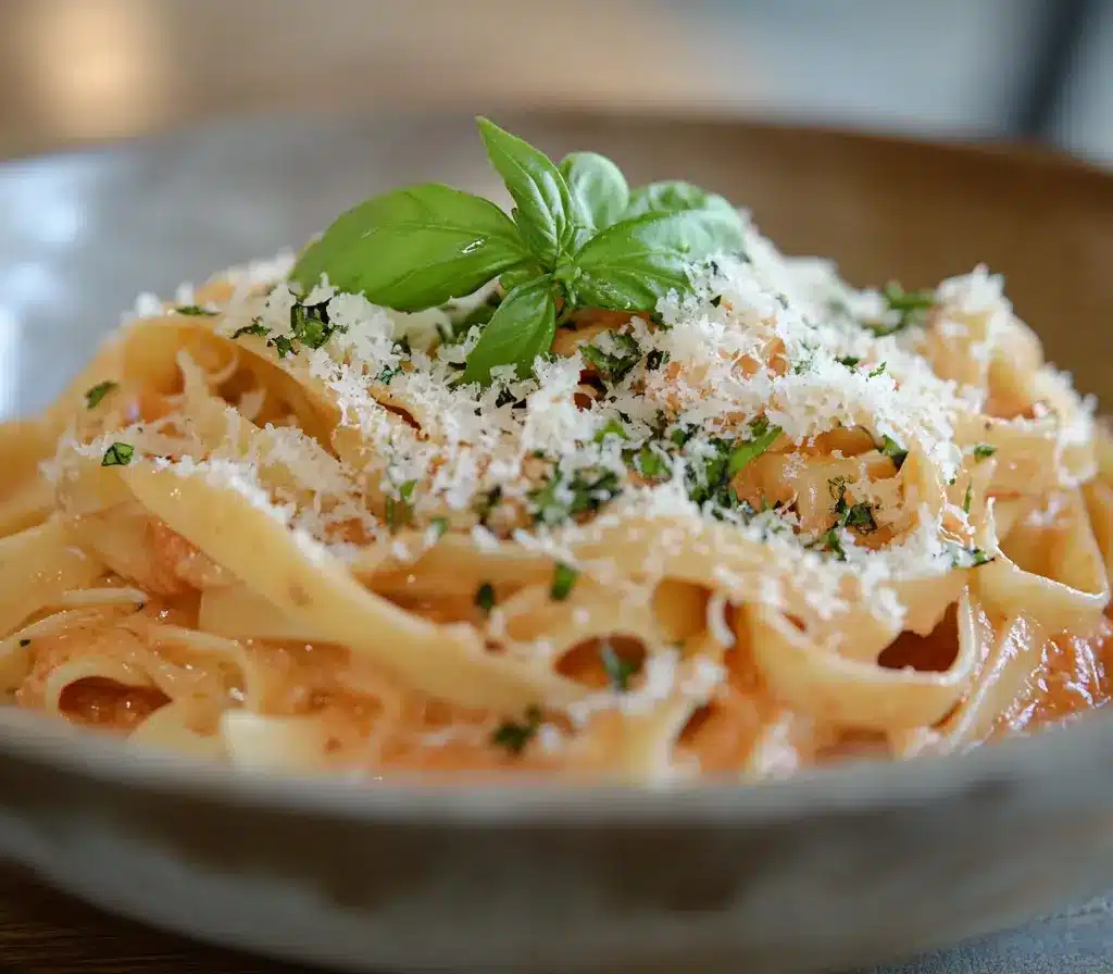 The Ultimate Guide to Instant Pot Pasta Recipes 7 Creamy Instant Pot pasta with basil and Parmesan on a wooden table.