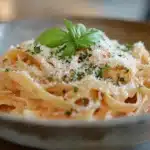 Creamy Instant Pot pasta with basil and Parmesan on a wooden table.