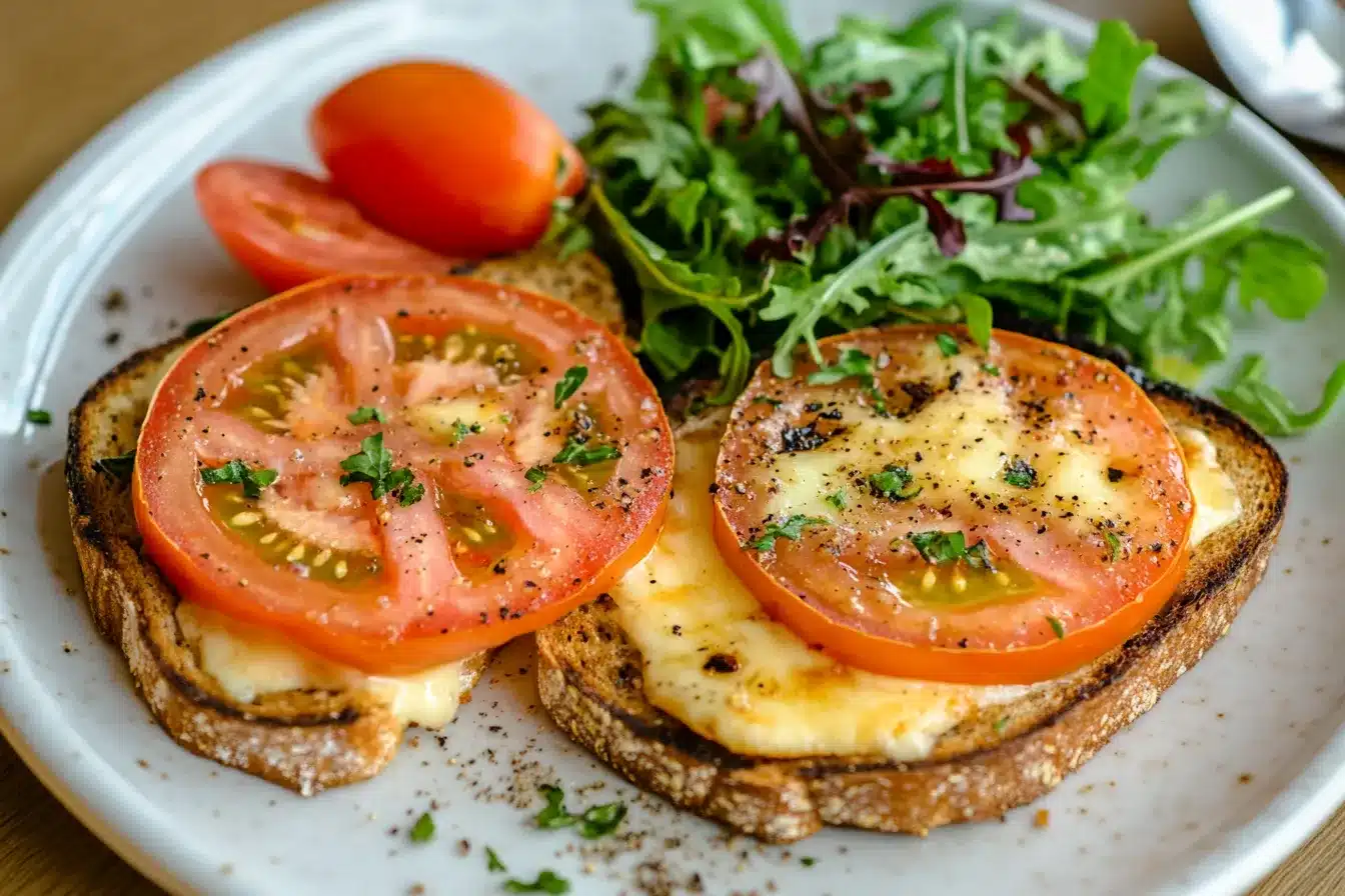 Healthy whole wheat toast with low-fat cheese and tomatoes.