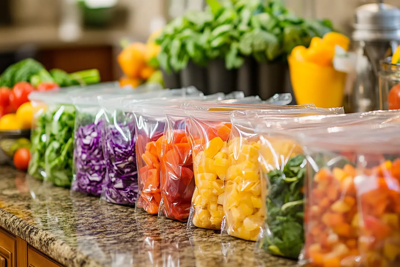 Assorted Taylor Farms salad bags on a kitchen counter