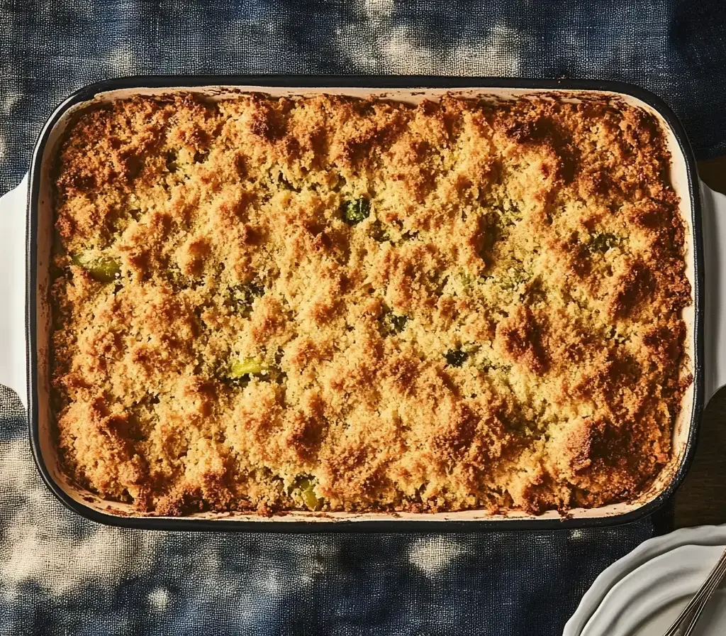 Cornbread Dressing Recipe: Rooted in Memory, Made with Heart 11 A freshly baked cornbread dressing with a golden-brown crispy top, served in a baking dish.