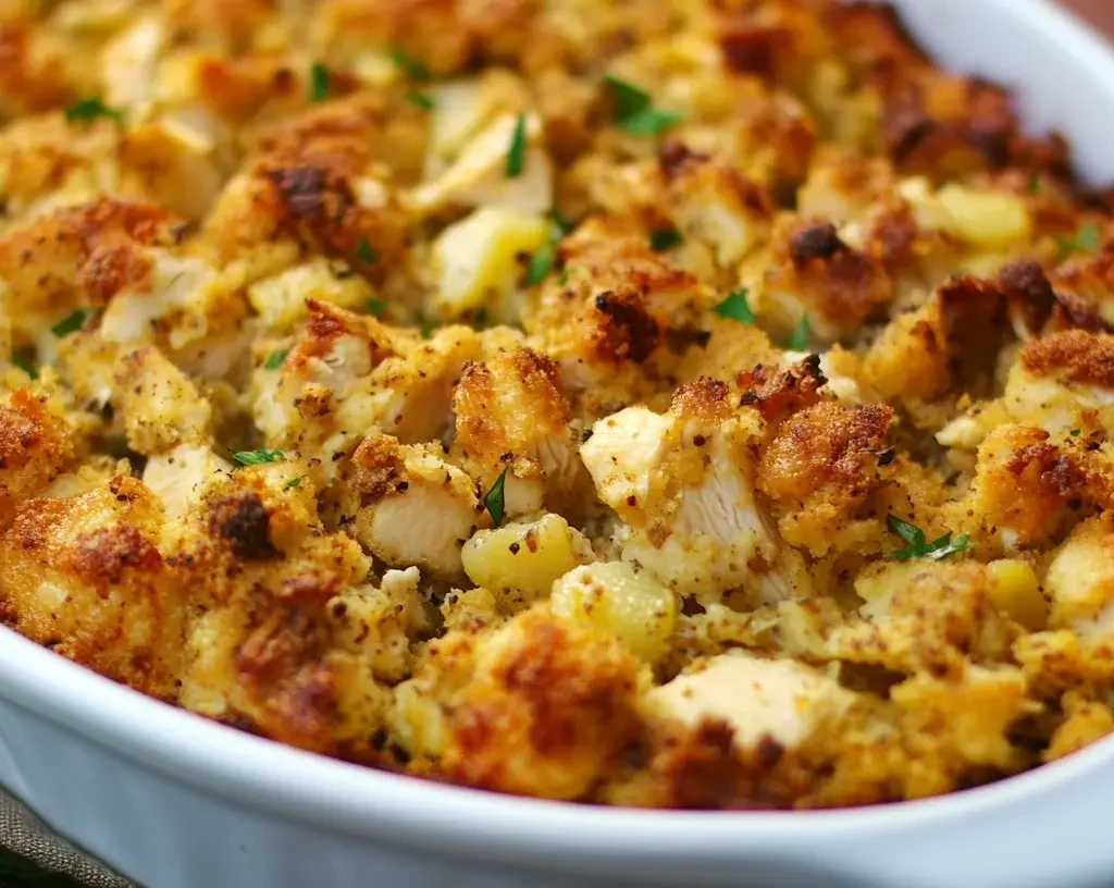 A golden, crispy casserole with pieces of chicken and stuffing, garnished with fresh parsley, showing the top of the dish.