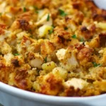 A golden, crispy casserole with pieces of chicken and stuffing, garnished with fresh parsley, showing the top of the dish.