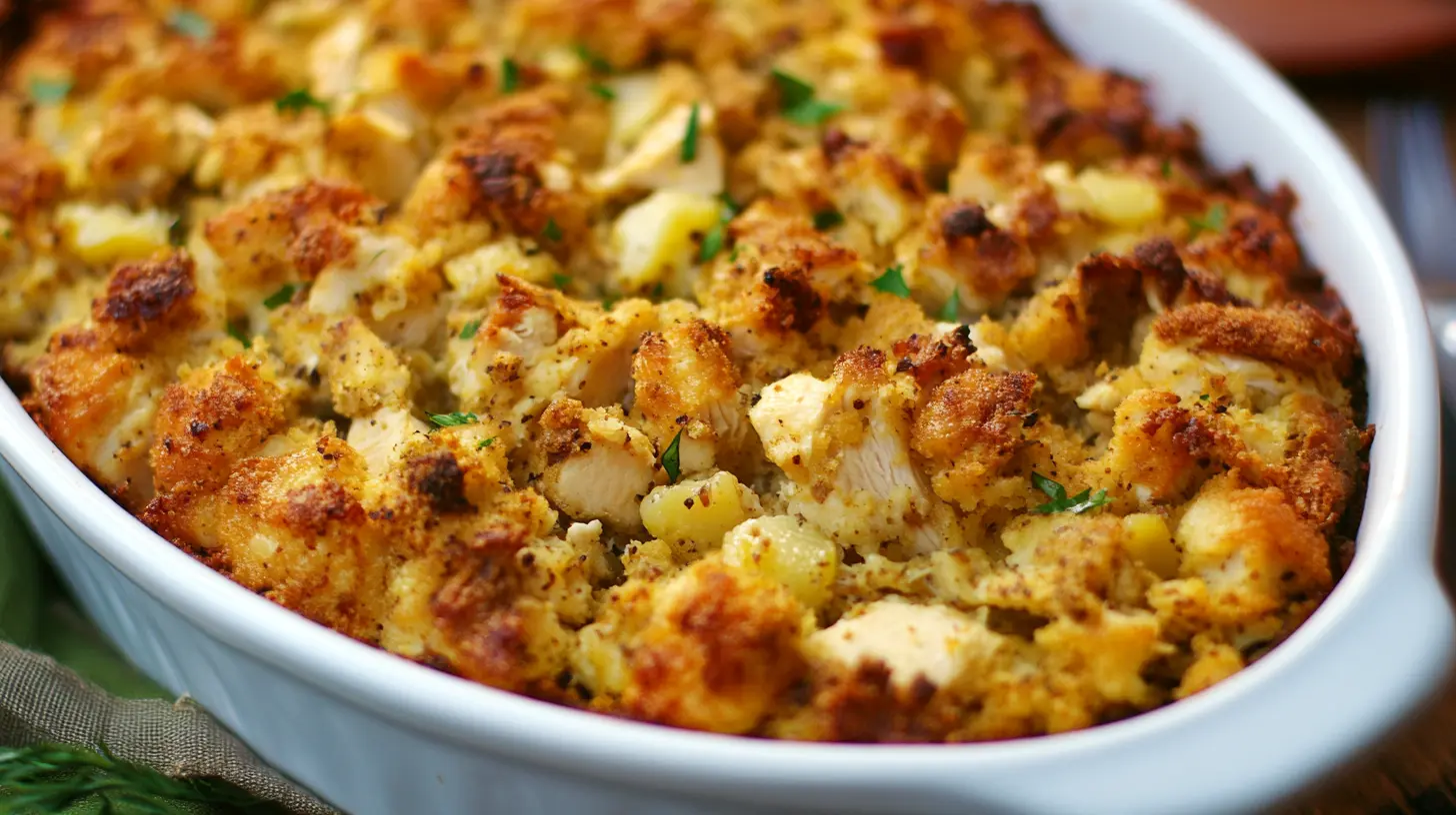 A golden, crispy casserole with pieces of chicken and stuffing, garnished with fresh parsley, showing the top of the dish.