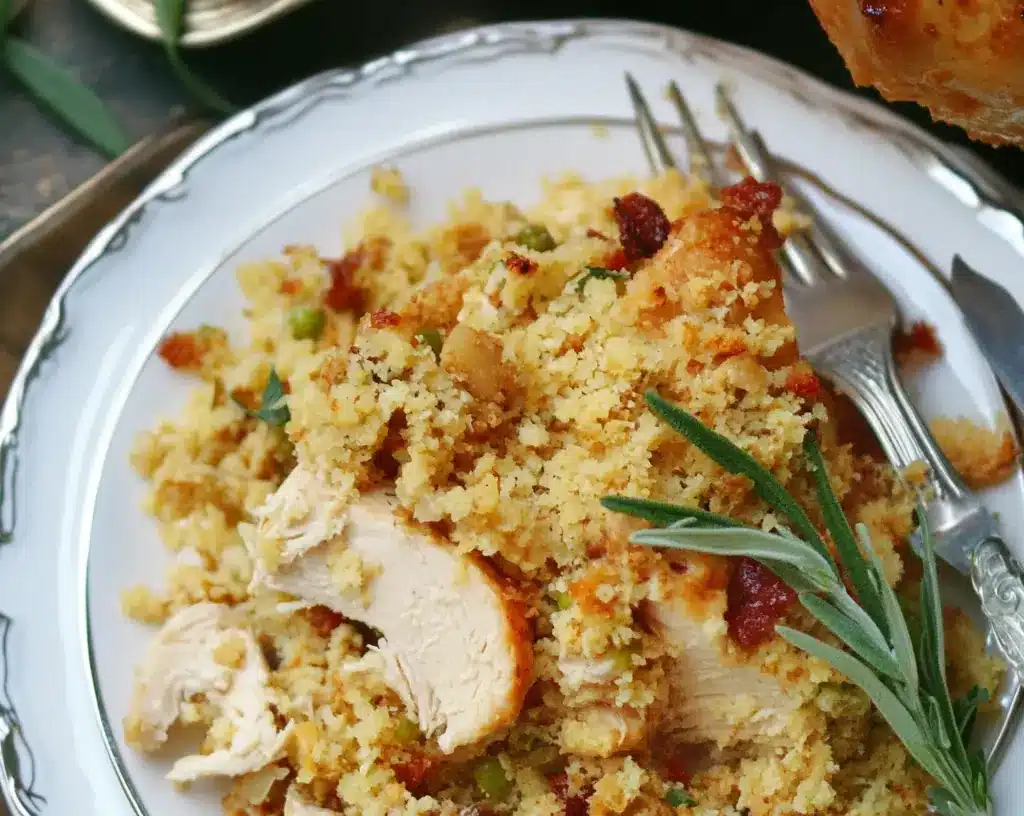 Classic Chicken Dressing Recipe: Step-by-Step Guide 8 A plate of chicken and stuffing served with fresh rosemary sprigs, showing a portion of a golden stuffing with pieces of chicken.