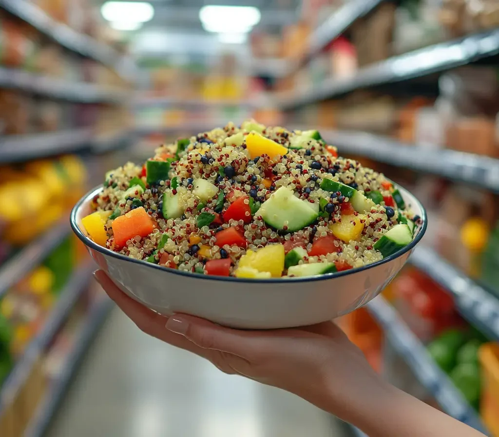 Does Costco Have Deli Salads? 9 A shopper holding a Costco quinoa salad while shopping in a Costco warehouse.