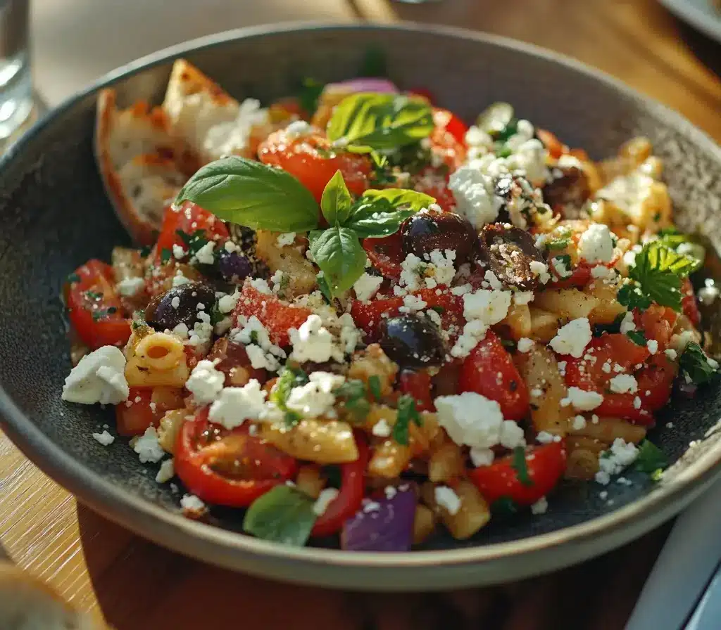 A plated Costco pasta salad with olives, feta cheese, and basil, served with garlic bread.