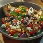 A plated Costco pasta salad with olives, feta cheese, and basil, served with garlic bread.