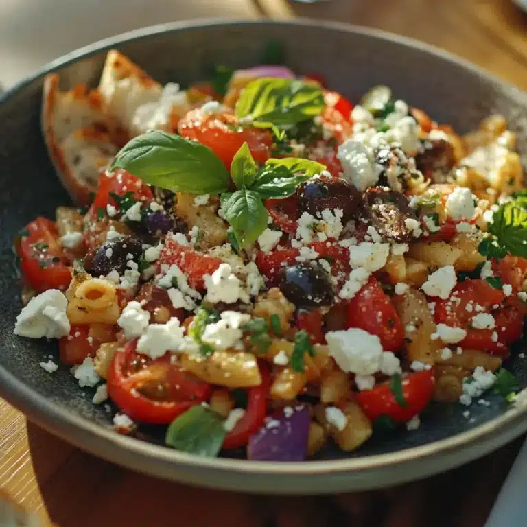 A plated Costco pasta salad with olives, feta cheese, and basil, served with garlic bread.