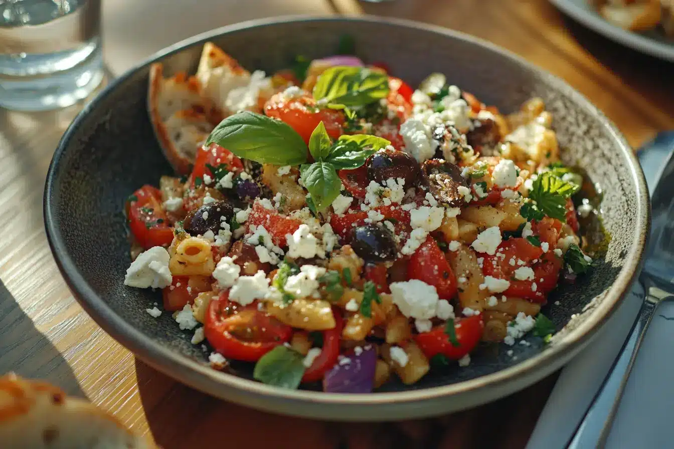 A plated Costco pasta salad with olives, feta cheese, and basil, served with garlic bread.