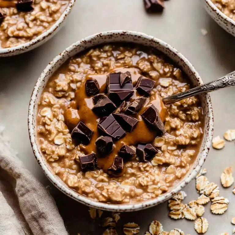 Warm, comforting bowl of oatmeal topped with peanut butter and chunks of dark chocolate, served with a spoon