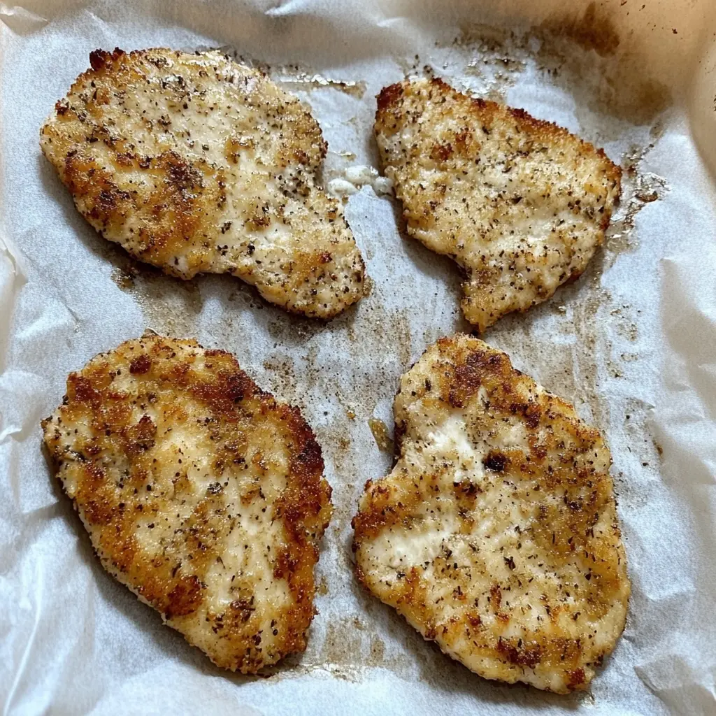 Crispy Baked Chicken Cutlet Recipes: Italian-Style Perfection 11 Crispy breaded chicken cutlets baking on a parchment-lined tray, golden brown and coated with black pepper and spices.