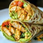 Close-up of a grilled chicken wrap filled with juicy seasoned chicken, fresh avocado, diced tomatoes, lettuce, and a creamy orange sauce in a toasted tortilla.
