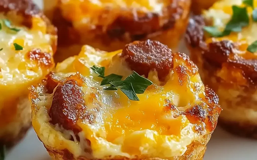 A close-up image of baked egg muffins topped with melted cheese and sausage slices, garnished with parsley.