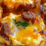 A close-up image of baked egg muffins topped with melted cheese and sausage slices, garnished with parsley.