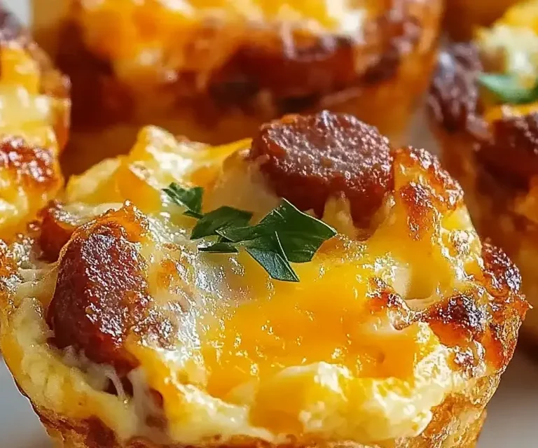 A close-up image of baked egg muffins topped with melted cheese and sausage slices, garnished with parsley.