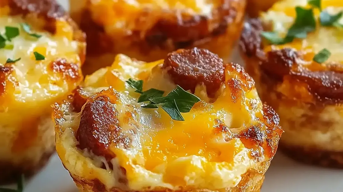 A close-up image of baked egg muffins topped with melted cheese and sausage slices, garnished with parsley.
