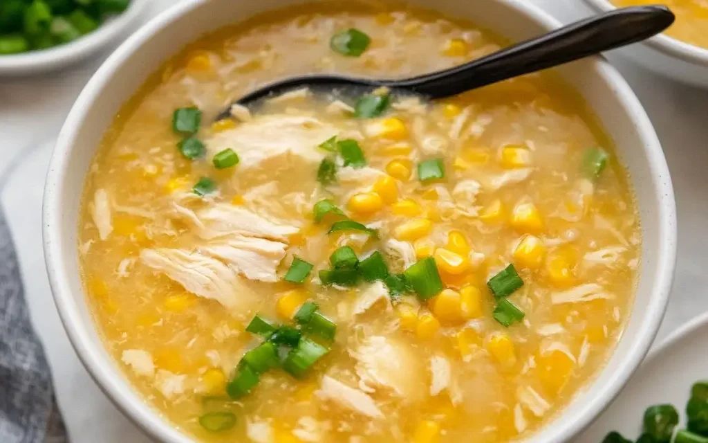 Chinese Chicken Corn Soup Recipe 7 A bowl of warm chicken and corn soup garnished with chopped green onions, with a black spoon resting inside.