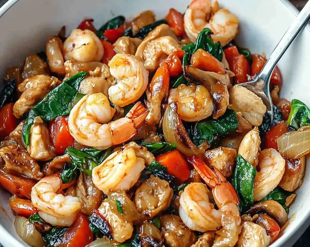 easy chicken and shrimp stir-fry recipe ideas 8 A close-up of a bowl filled with stir-fried shrimp, chicken, bell peppers, onions, and spinach in a savory sauce.
