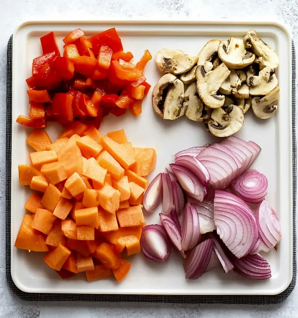 easy chicken and shrimp stir-fry recipe ideas 11 A cutting board with freshly chopped red bell peppers, carrots, mushrooms, and red onions.