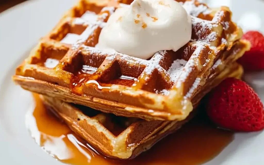 How to Make Waffles with Pancake Mix: A Simple Guide 5 Golden brown waffles with powdered sugar, maple syrup, and a dollop of whipped cream, served with fresh strawberries on a white plate.