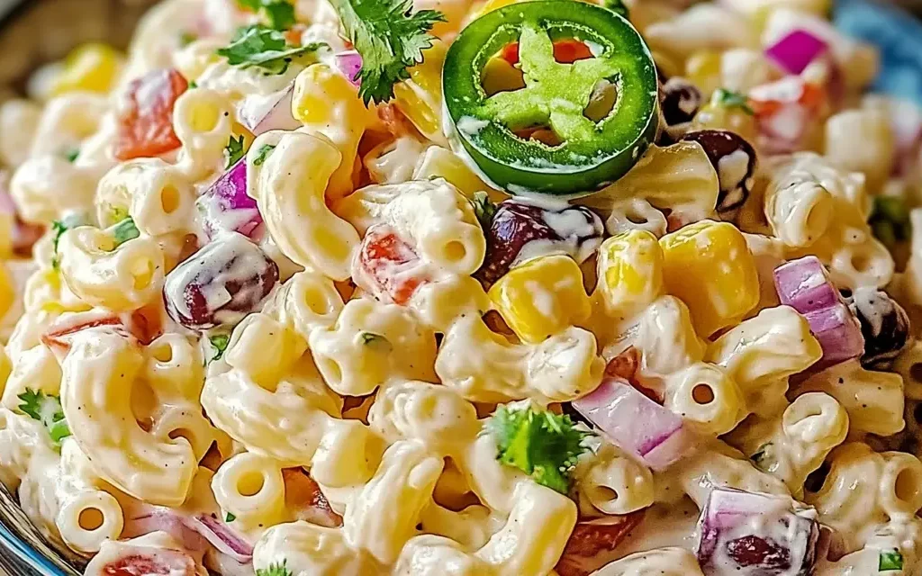 Easy Mexican Macaroni Salad Recipe 5 A close-up image of a macaroni salad bowl with corn, beans, onions, and cilantro, topped with a slice of jalapeño.