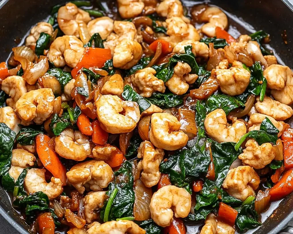 A pan filled with shrimp, chicken, vegetables, and spinach cooking in a rich stir-fry sauce.