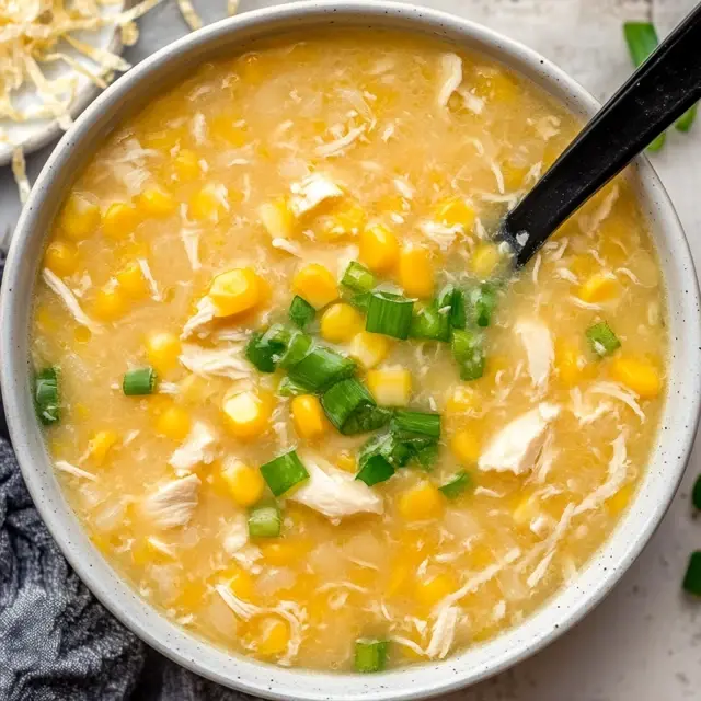 A close-up of a bowl of creamy chicken and corn soup, filled with shredded chicken, corn kernels, and garnished with green onions.
