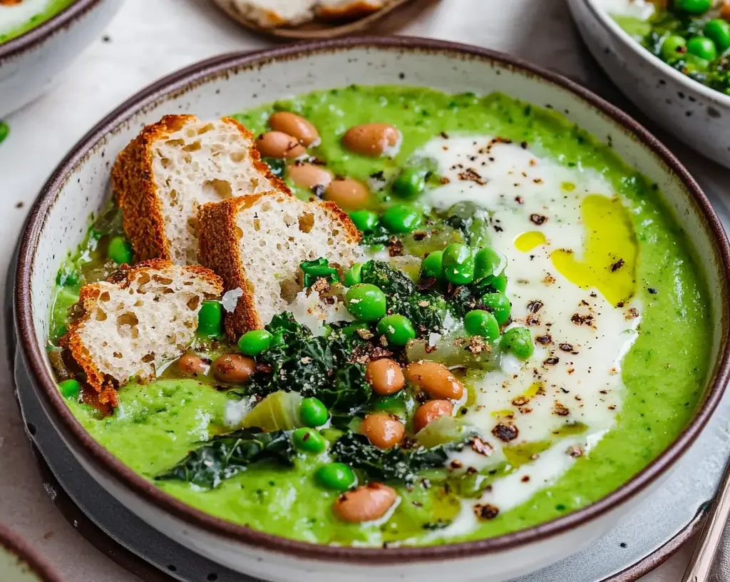 High Protein Vegan Soup Recipes for a Healthy Meal 6 A bowl of green vegetable soup with white beans, peas, kale, crispy bread slices, and a swirl of cream.