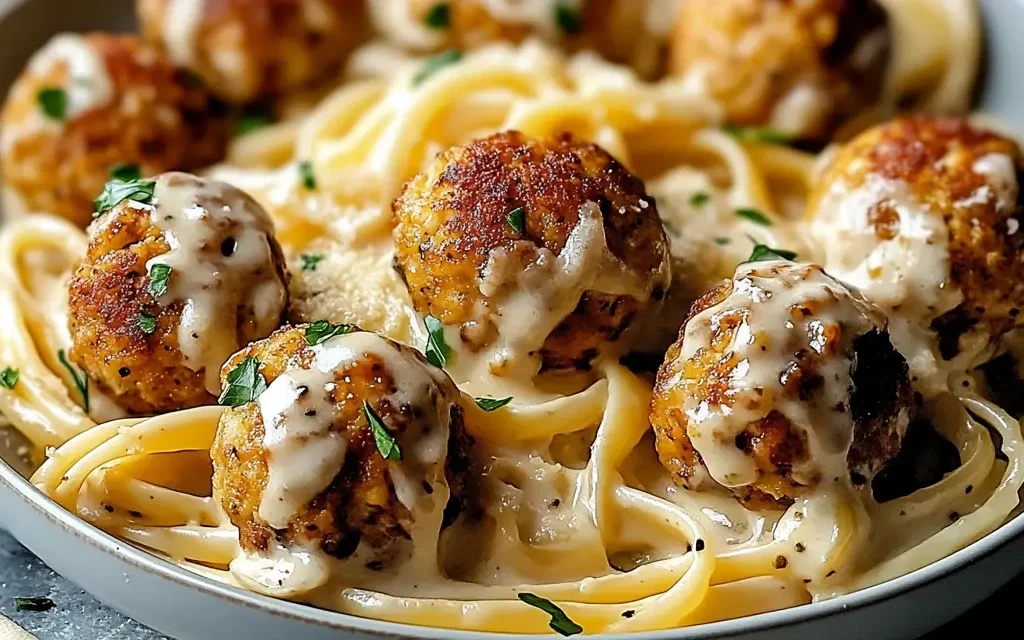 A close-up image of meatballs on a bed of pasta, drizzled with creamy sauce and garnished with fresh parsley.