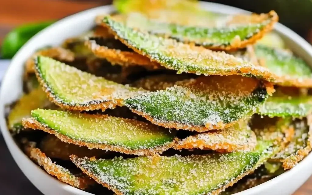 A close-up of crispy avocado chips dusted with seasoning, stacked in a white bowl, offering a crunchy, golden texture.