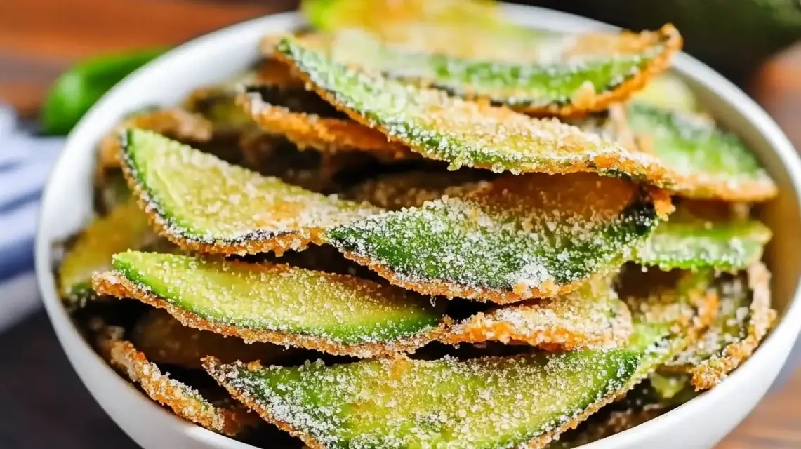 A close-up of crispy avocado chips dusted with seasoning, stacked in a white bowl, offering a crunchy, golden texture.