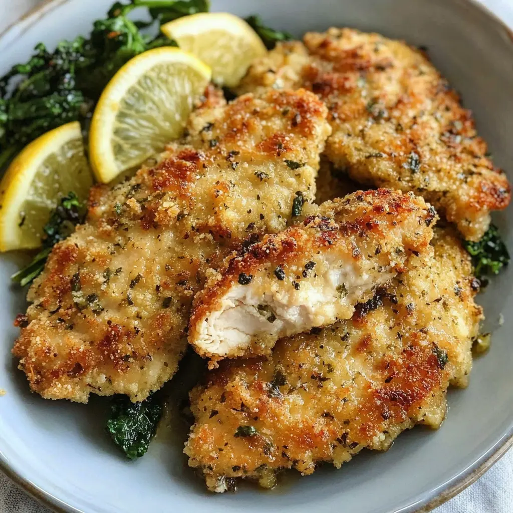 Crispy Baked Chicken Cutlet Recipes: Italian-Style Perfection 8 A plate of crispy baked chicken cutlets with golden breading, served with fresh lemon wedges and sautéed greens.