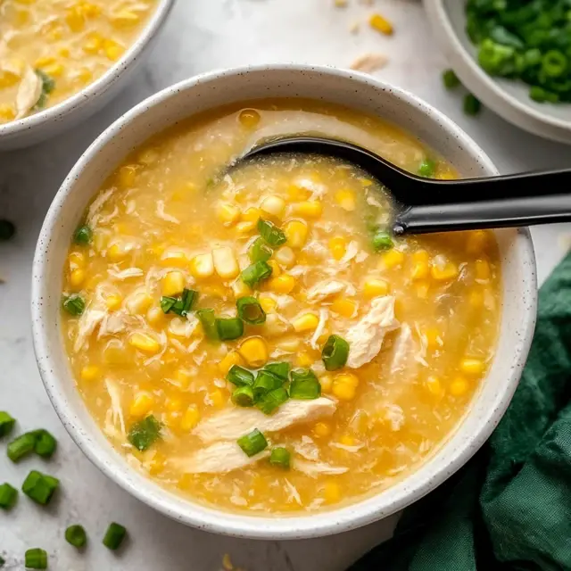 Chinese Chicken Corn Soup Recipe 9 A bowl of golden chicken and corn soup with shredded chicken, egg ribbons, and chopped green onions, served with a black spoon.