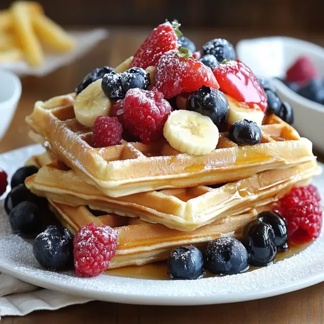 A stack of golden waffles topped with fresh strawberries, blueberries, raspberries, banana slices, and powdered sugar, drizzled with maple syrup.