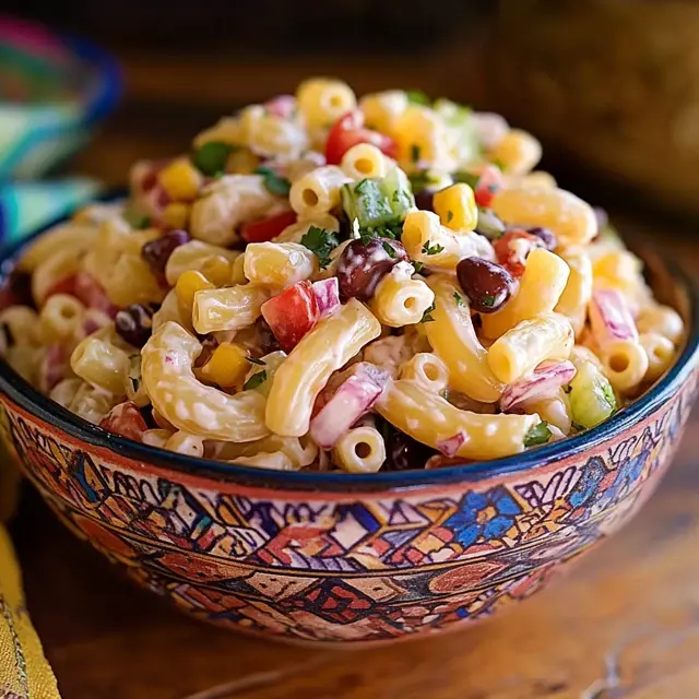 A bowl of macaroni salad filled with corn, beans, tomatoes, and cilantro, all mixed with a creamy dressing