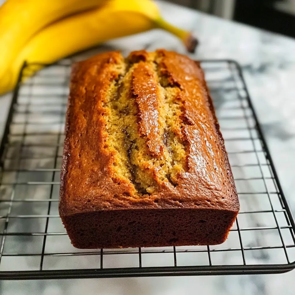 A golden-brown banana bread loaf cooling on a wire rack with bananas in the background.