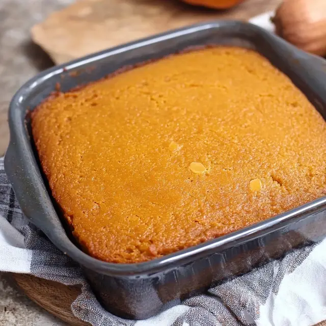 Sweet Potato Cornbread: The Perfect Blend of Flavor and Texture 7 Freshly baked pumpkin cornbread in a black square baking dish, showcasing a golden-brown crust.