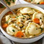 Chicken and dumplings soup with carrots, celery, and shredded chicken, garnished with parsley.