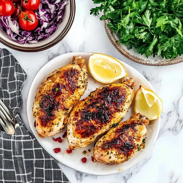 Grilled chicken breasts served with lemon wedges, fresh parsley, and vegetables.