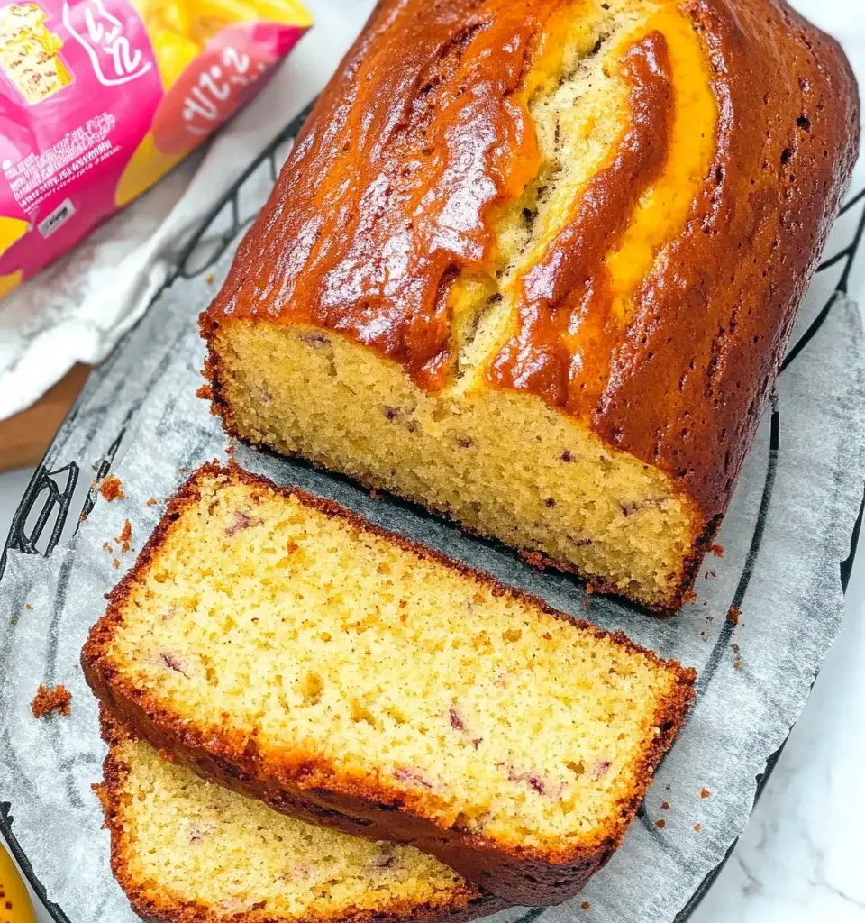 A freshly baked banana bread loaf with a golden-brown crust, sliced to reveal a soft, moist texture with specks of mashed banana.