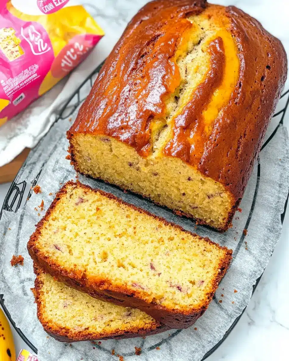 A freshly baked banana bread loaf with a golden-brown crust, sliced to reveal a soft, moist texture with specks of mashed banana.