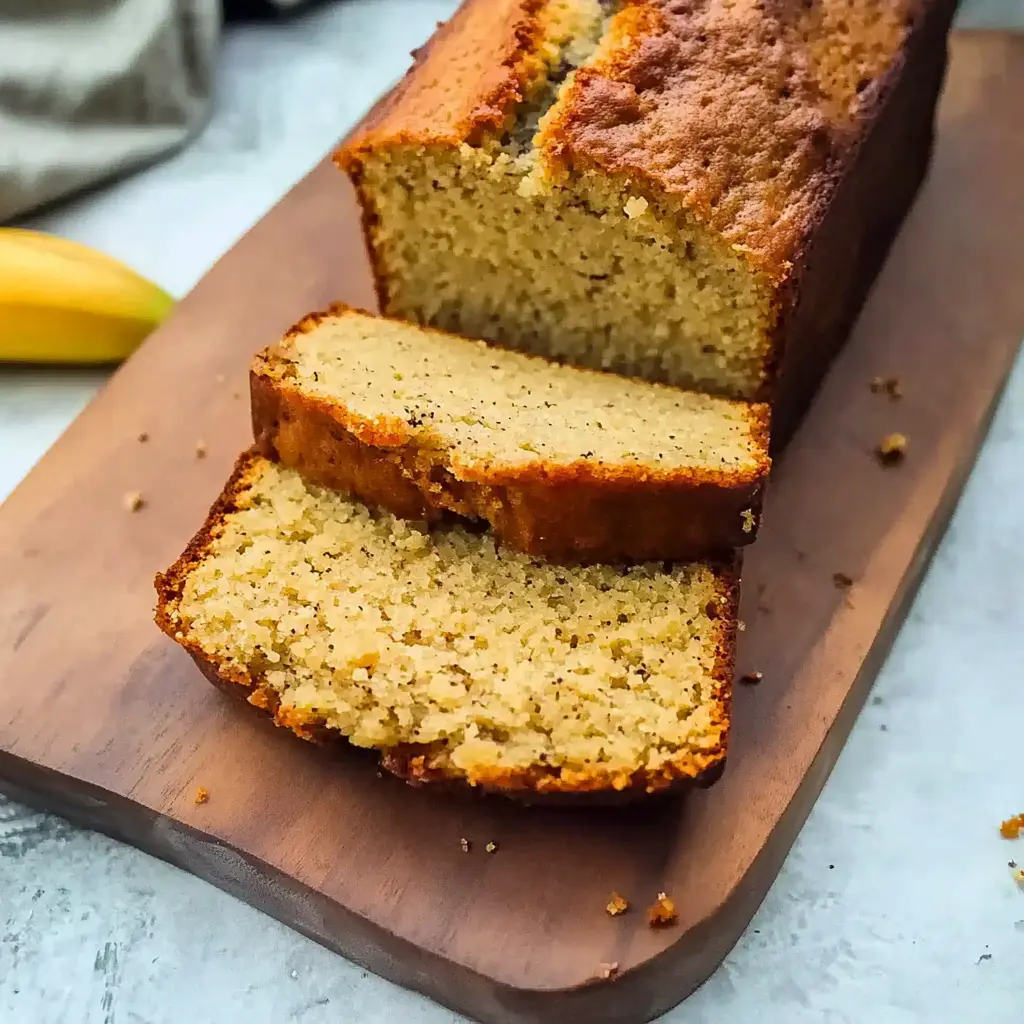 Easy Cake-Mix Banana Bread 6 Freshly baked banana bread sliced on a wooden board, showing its moist and fluffy texture.