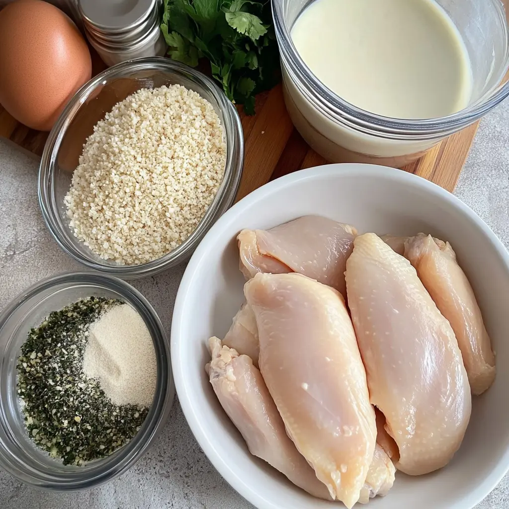 Crispy Baked Chicken Cutlet Recipes: Italian-Style Perfection 9 A collection of ingredients including raw chicken breasts, panko breadcrumbs, seasoning mix, egg, and buttermilk, displayed in glass bowls.