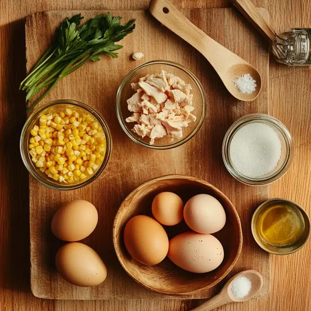 Chinese Chicken Corn Soup Recipe 8 A wooden board displaying key ingredients for chicken and corn soup, including eggs, shredded chicken, corn, salt, sugar, and fresh parsley.