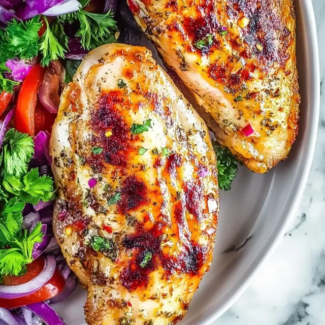 The Best Blackstone Chicken Recipes You’ll Ever Try 7 Grilled chicken breasts with a golden crust served on a plate with fresh salad.